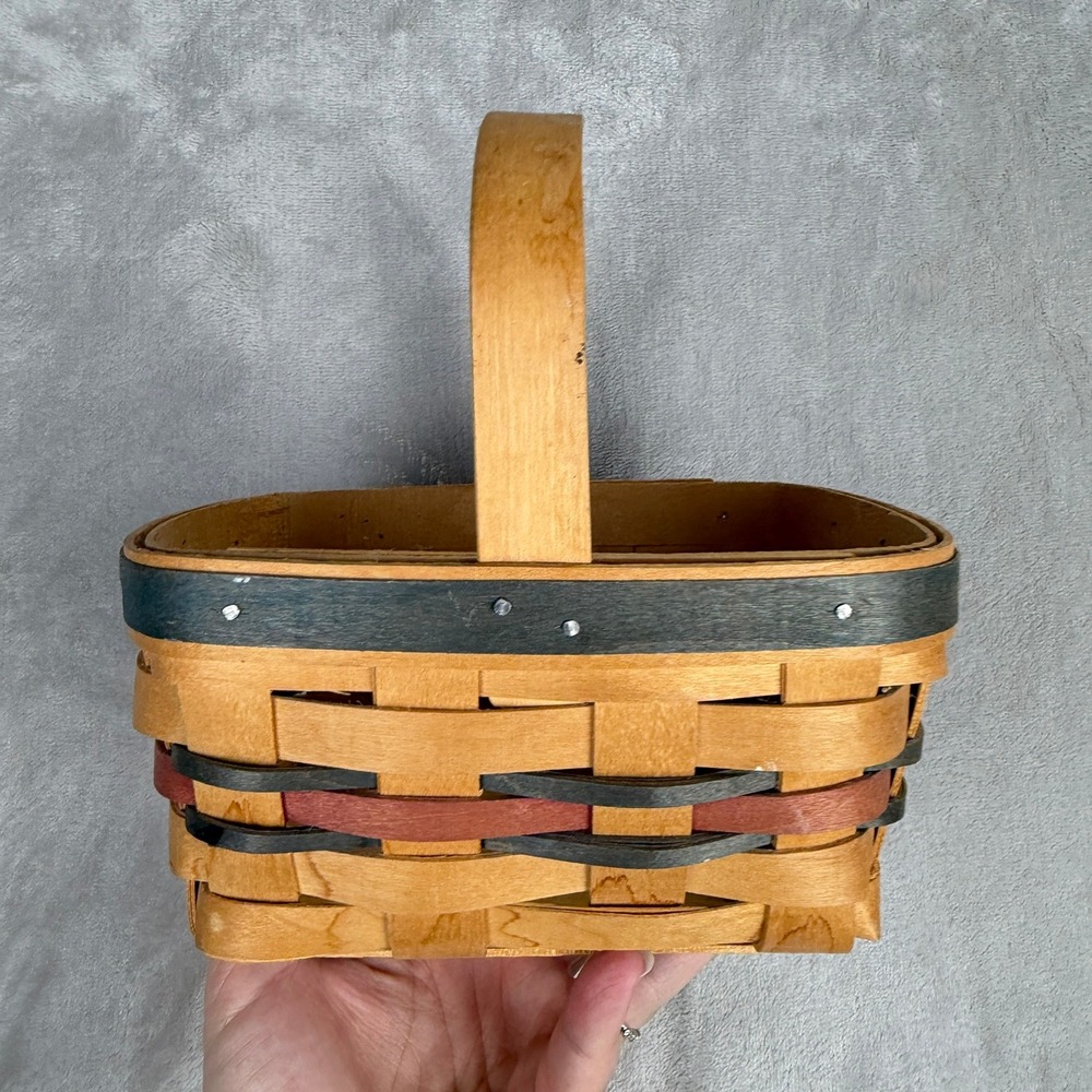 Longaberger‎ 1991 Small Woven Wood Basket with Handle Burgundy Farmhouse Decor